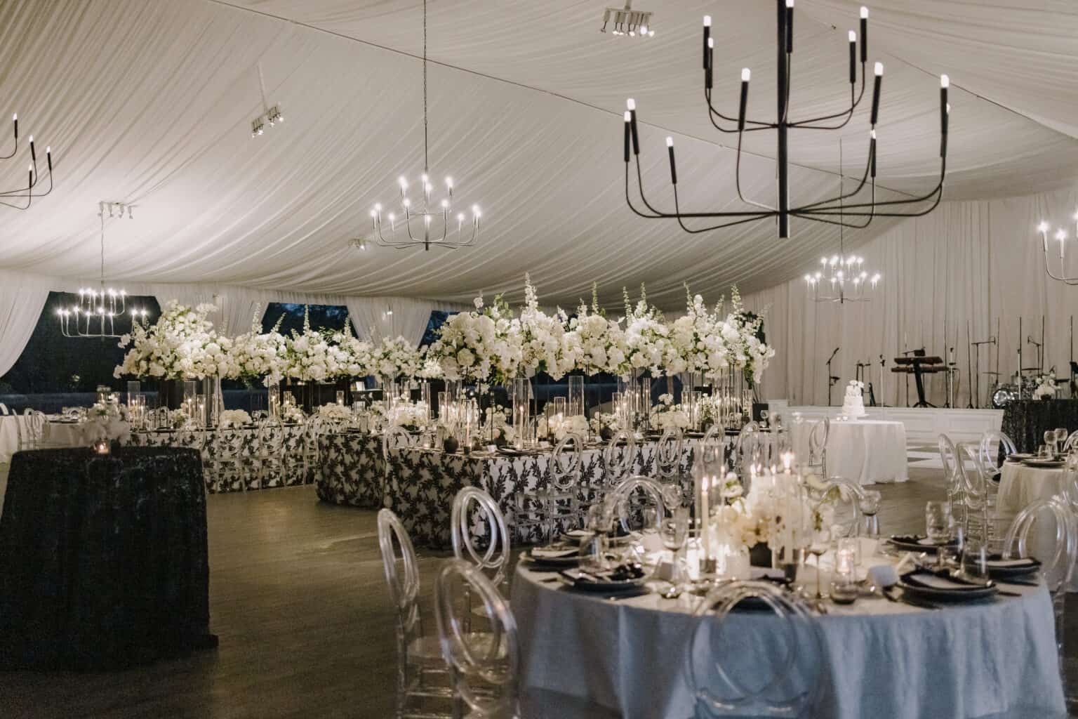 Elegant wedding reception with floral centerpieces and sophisticated lighting.