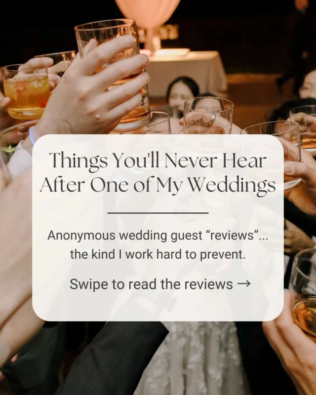 We’ve all been to that wedding.

The one where dinner took forever.
The bar line never seemed to move.
You spent half the evening wondering where you were supposed to be next.
And you only caught a glimpse of the couple because everyone else’s phones were in the way.

Those are the kinds of “reviews” no couple wants their guests thinking.

The best weddings aren’t just beautiful. They’re seamless. Guests feel taken care of, the timeline flows naturally, and everyone gets to be fully present for the celebration.

That’s the kind of experience I plan for.

Which “review” made you laugh because you’ve actually lived it? 👇#ashevilleweddingplanner #biltmorewedding #destinationwedding #weddingplanning #weddingtips