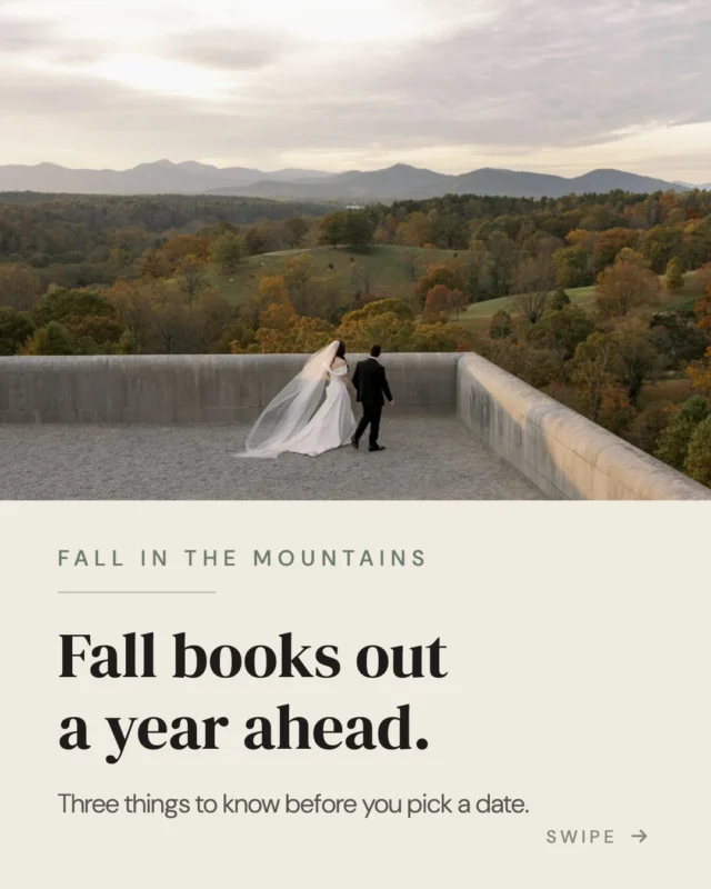 Fall in the mountains books out about a year ahead, and October Saturdays go first.
Three things worth knowing before you pick a date. Leaf season is not one weekend, it moves down from the ridges to the valleys over about a month, so your venue's elevation decides what you get. And a seventy degree afternoon turns into a forty degree reception once the sun drops, so plan for wraps and heaters.
Booking 2027 and 2028 fall dates now, one wedding per weekend.
Save this for when you pick your date, and send it to whoever you know planning a fall wedding here. Questions about a specific weekend? Drop a comment or a DM.
📍Asheville & Western North Carolina
#ashevilleweddingplanner #fallwedding #biltmoreweddings #omnigroveparkinn #destinationwedding